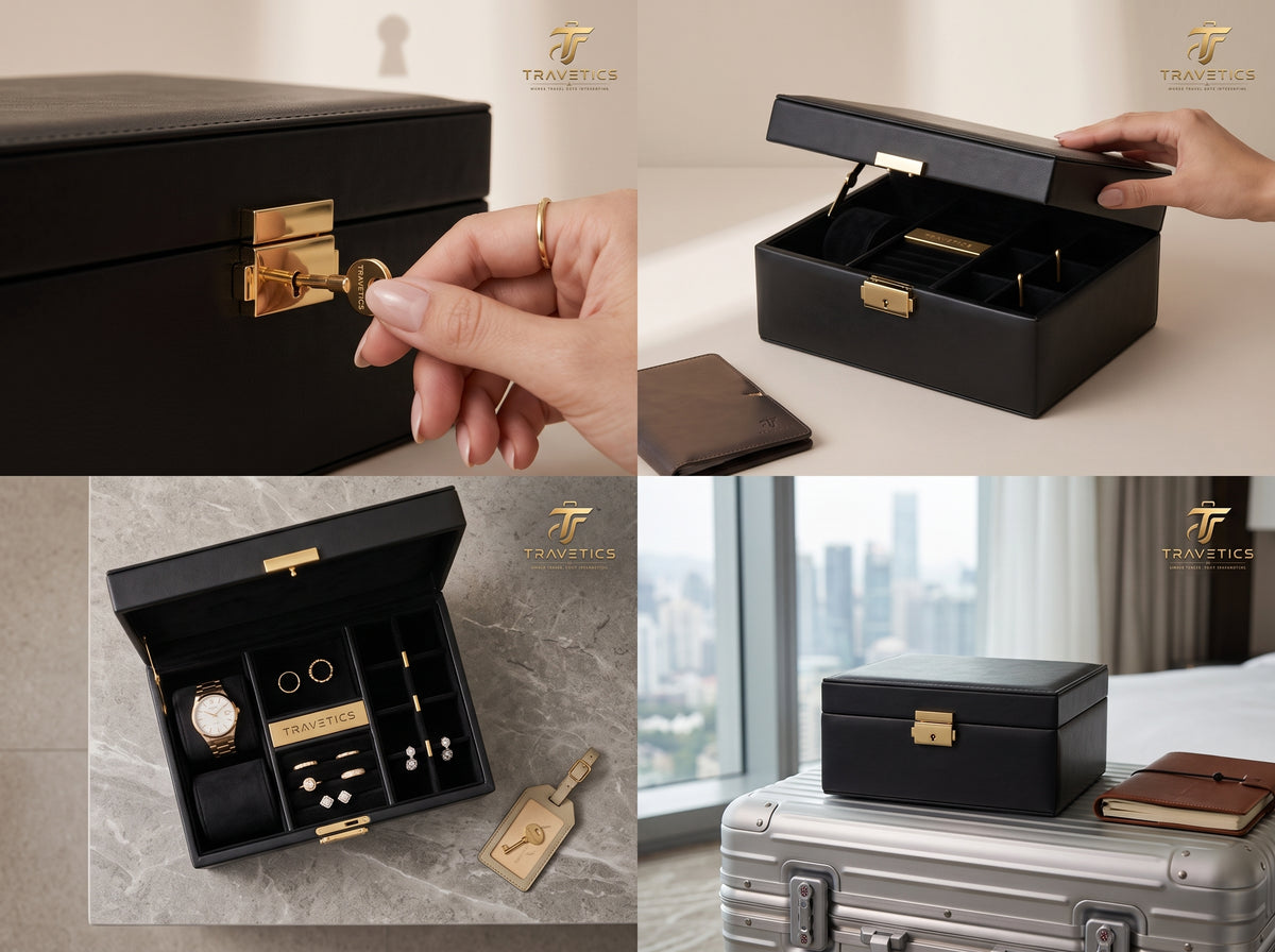 Lockable Travel Jewelry Box | Black Leather Valuables Case with Gold Lock | Portable Anti-Theft Organizer for Passport, Watch & Jewelry