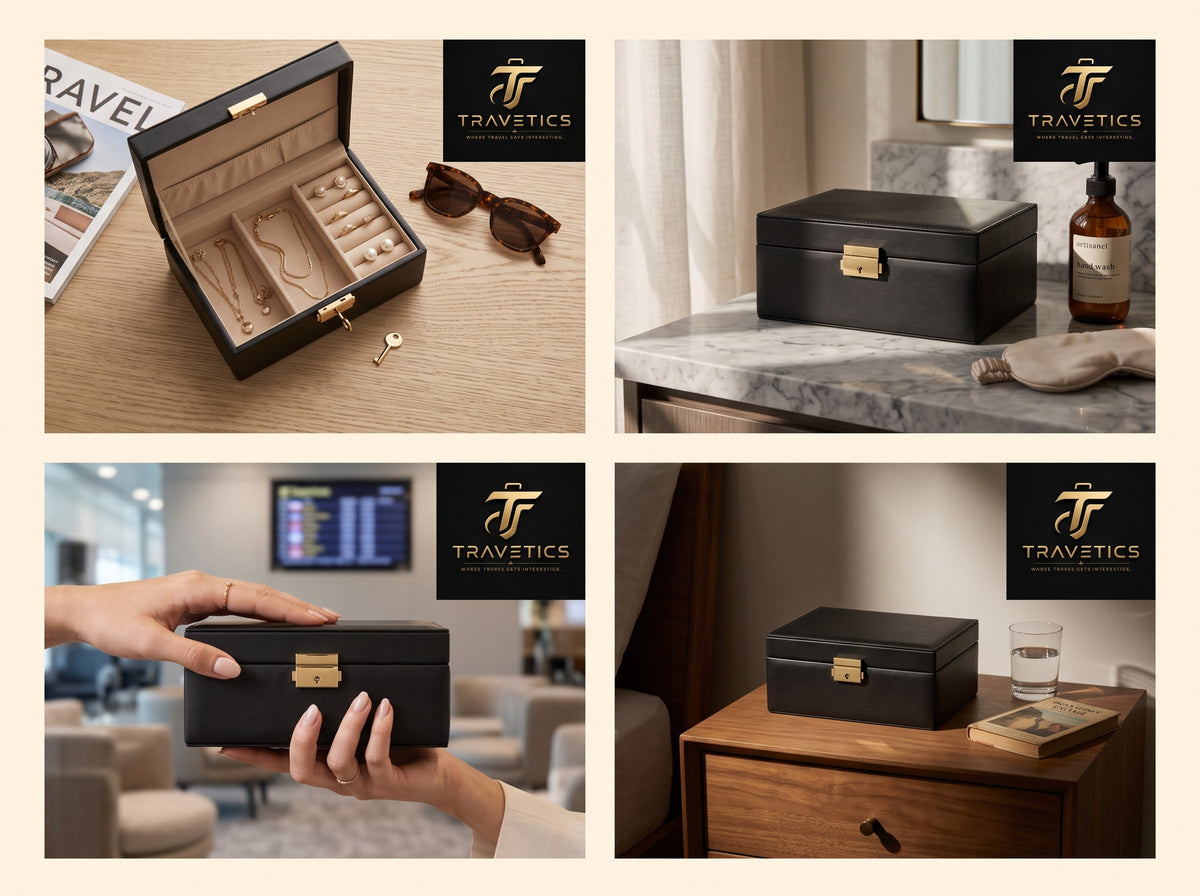 Lockable Travel Jewelry Box | Black Leather Valuables Case with Gold Lock | Portable Anti-Theft Organizer for Passport, Watch & Jewelry