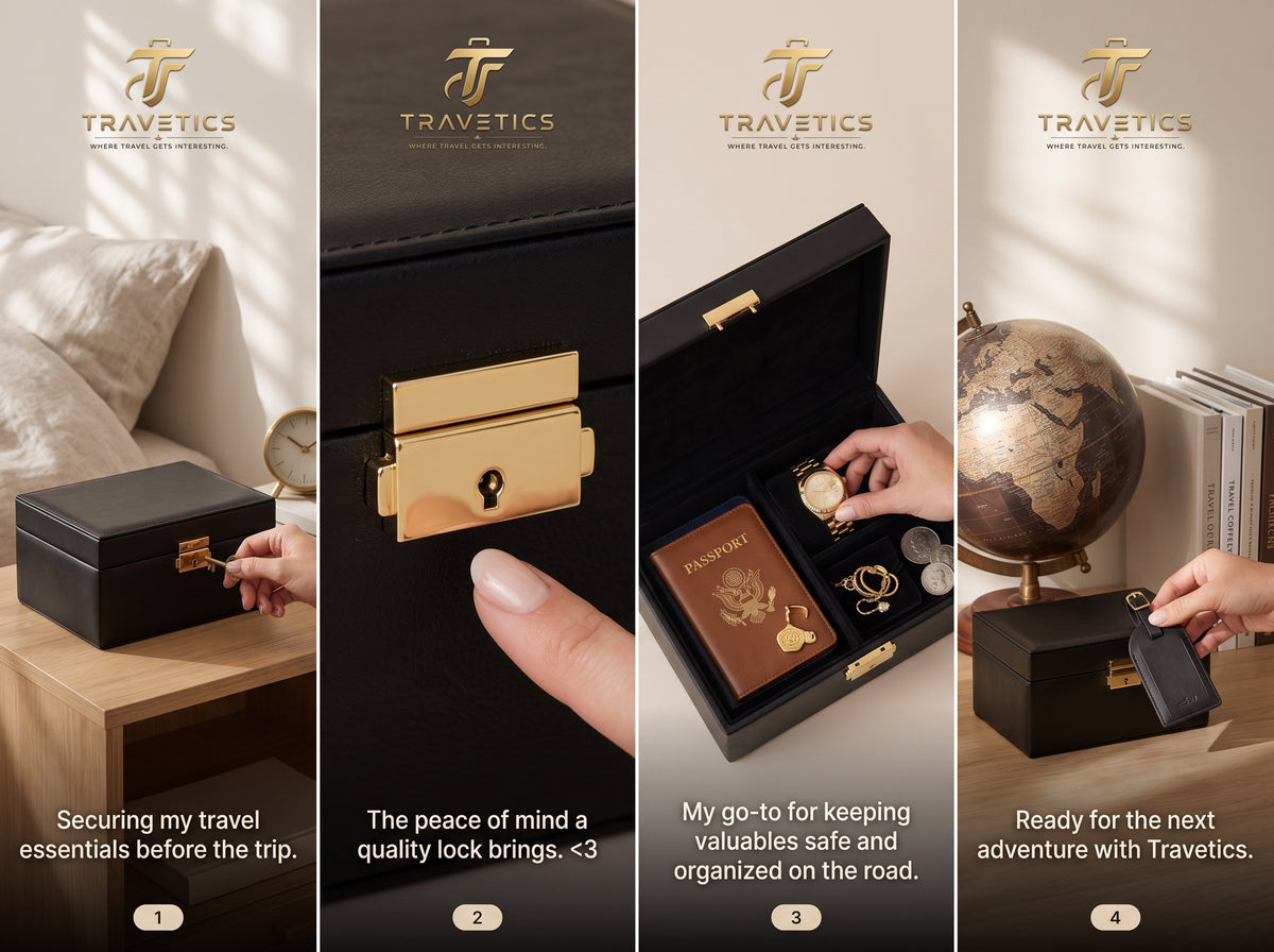 Lockable Travel Jewelry Box | Black Leather Valuables Case with Gold Lock | Portable Anti-Theft Organizer for Passport, Watch & Jewelry