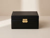 Lockable Travel Jewelry Box | Black Leather Valuables Case with Gold Lock | Portable Anti-Theft Organizer for Passport, Watch & Jewelry